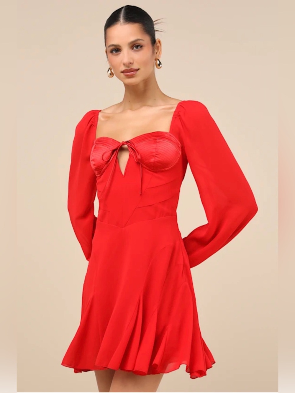 NWT Lulus Red Long-Sleeve Fit & Flare Tie Back Cutout Mini Dress size Large